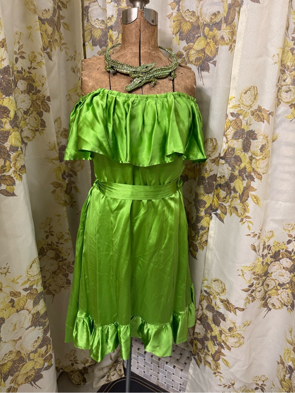 Betsey Johnson Lime Green Off-Shoulder Silk Dress